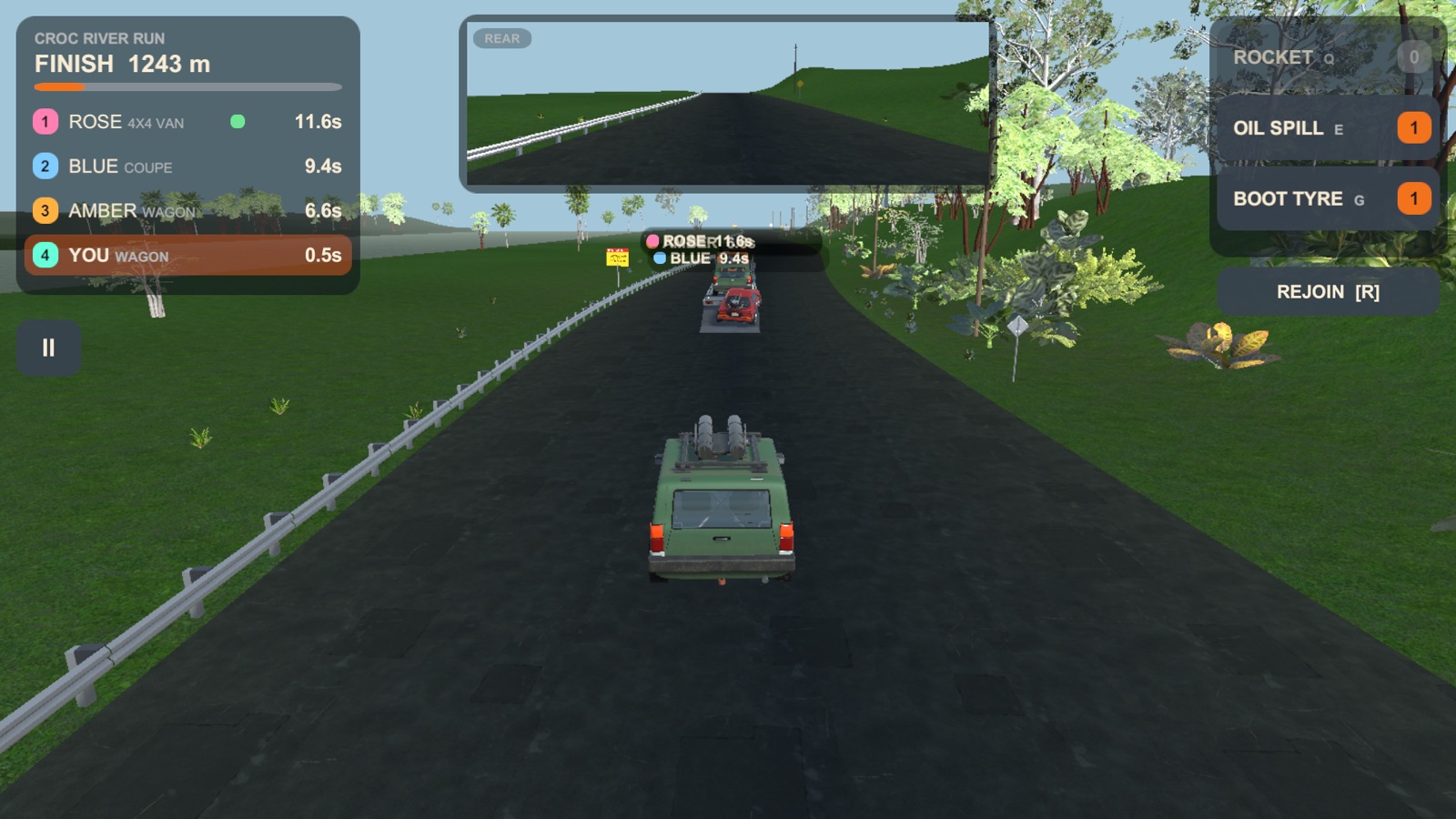 Cars chasing the rig along the river road at Croc River Run