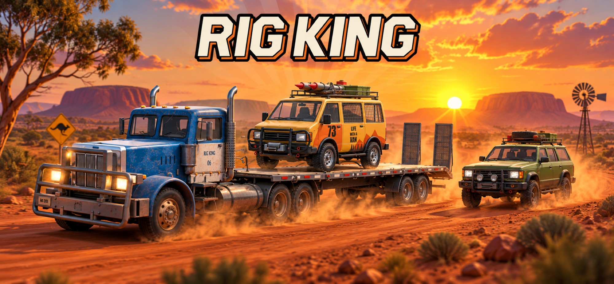 Rig King key art: a blue truck hauling a flatbed with a yellow van aboard across red outback dirt at sunset, a green wagon chasing